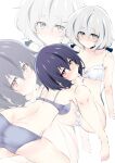  2girls absurdres all_fours ass bare_shoulders black_hair blue_bra blue_panties blush bra breasts collarbone commentary_request grey_eyes grey_hair hair_ornament hair_ribbon highres knees_up konno_junko long_hair looking_at_viewer low_twintails ma-yu medium_breasts mizuno_ai multiple_girls panties ribbon short_hair sitting twintails underwear underwear_only white_bra white_panties zombie_land_saga 