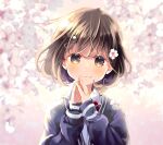  1girl bob_cut bow bowtie brown_eyes brown_hair cherry_blossoms closed_mouth collared_shirt flower hair_flower hair_ornament hands_up jacket kuga_tsukasa long_sleeves looking_at_viewer medium_hair original own_hands_together purple_jacket red_bow red_neckwear shirt smile solo white_flower white_shirt wing_collar 