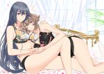  2girls black_babydoll black_hair black_panties bra breasts brown_hair flipped_hair green_eyes kantai_collection large_breasts long_hair multiple_girls mutsu_(kancolle) nagato_(kancolle) navel nuko_(phylactery) on_bed panties red_eyes short_hair underwear underwear_only white_bra 