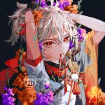  1boy androgynous artist_name braid dark_background eyebrows_visible_through_hair flower genshin_impact hair_flower hair_ornament hands_above_head kazuha_(genshin_impact) leaf_print looking_at_viewer male_focus mouth_hold orange_eyes orange_flower purple_flower ribbon ribbon_in_mouth short_sleeves silver_hair simple_background solo yeurei 