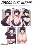  1girl ? aestheticc-meme armpits arms_up artist_name bangs bare_shoulders black_hair breasts choker cleavage closed_mouth clothing_request collarbone commentary dress earrings english_commentary english_text eyebrows_visible_through_hair green_eyes hair_between_eyes highres huge_breasts jewelry long_sleeves mole mole_on_breast mole_under_eye navel nude open_mouth original shiny shiny_skin shirt_cut_meme short_hair short_sleeves sleeveless teeth tomboy-chan_(aestheticc-meme) twitter_username 