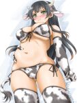 1girl :t agano_(kancolle) akimoto_dai animal_ears animal_print bikini black_hair blush breasts commentary_request cow_ears cow_horns cow_print cow_tail dated fake_animal_ears fake_horns from_below front-tie_top green_eyes highres horns kantai_collection large_breasts long_hair nose_blush one-hour_drawing_challenge pout side-tie_bikini solo standing swimsuit tail thighhighs twitter_username white_background white_bikini white_legwear 