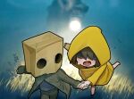  1boy 1girl barefoot brown_eyes brown_hair brown_jacket brown_pants child grey_shirt holding_hands hood hood_up jacket little_nightmares_ii long_sleeves mono_(little_nightmares) open_mouth pants raincoat running shirt six_(little_nightmares) sparrowl sweatdrop 