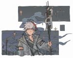  1boy :| arknights blue_eyes closed_mouth coat commentary elysium_(arknights) english_commentary expressionless flag grey_coat grey_hair holding holding_flag holding_staff looking_at_viewer male_focus multicolored_hair night night_sky red_hair red_pupils short_hair sky solo sparkle staff star_(sky) streaked_hair tkm_(1322323425) upper_body white_background 