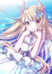  1girl antlers bangs bare_arms blonde_hair blush breasts brown_eyes commentary_request dress eyebrows_visible_through_hair gem hair_ornament indie_virtual_youtuber jewelry locome long_hair looking_at_viewer medium_breasts necklace ro_(igris-geo) smile solo strapless strapless_dress virtual_youtuber white_dress 