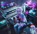  1boy ahoge aqua_legwear bangs bede_(pokemon) character_doll collared_shirt commentary_request electric_guitar eyebrows_visible_through_hair galarian_form galarian_ponyta gen_8_pokemon guitar hair_between_eyes highres holding holding_instrument instrument keyboard_(instrument) korean_commentary leggings male_focus object_request pinpin_(veryslower_pin) pokemon pokemon_(game) pokemon_swsh purple_hair shirt short_hair short_sleeves shorts sitting smile solo stool two-tone_shirt undershirt 
