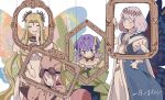 1boy 3girls antenna_hair aurora_(fate) blonde_hair butterfly_wings cape closed_eyes dress fairy fate/grand_order fate_(series) habetrot_(fate) hat highres kazuradrop_(fate) multiple_girls oberon_(fate) one_eye_closed picture_frame pink_hair pointy_ears purple_hair silver_hair smile sost_fgo white_background wings 