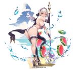  1girl ass ass_focus axe beach bent_over breasts high_heels large_breasts leaning_forward looking_at_viewer looking_back maid maid_headdress official_art open_mouth red_eyes sennen_sensou_aigis serra_(sennen_sensou_aigis) sideboob single_thighhigh smile solo thigh_strap thighhighs weapon white_hair yaman 