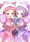  2girls :d blush closed_mouth cowboy_shot double_bun dress earrings gloves harukaze_doremi hat highres holding holding_wand jewelry looking_at_viewer magical_girl multiple_girls ojamajo_doremi one_side_up open_mouth pink_dress pink_eyes pink_gloves pink_hair pink_headwear purple_dress purple_eyes purple_hair purple_headwear ring ryota_(ry_o_ta) segawa_onpu short_hair signature simple_background smile sparkle wand white_background witch_hat 