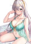  1girl :o anastasia_(fate) arm_support bangs bare_legs blush bow_hairband bra breasts cleavage collarbone commentary crossed_bangs fate/grand_order fate_(series) green_bra green_eyes green_panties hairband harimoji highres large_breasts lingerie long_hair looking_at_viewer negligee one_eye_closed open_mouth panties rubbing_eyes silver_hair simple_background solo thighs underwear white_background 