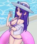  1girl bikini blurry blurry_background bow breasts cellphone cleavage closed_mouth cowboy_shot depth_of_field eyewear_on_headwear grey_jacket hand_up hat hat_bow highres holding holding_phone innertube jacket long_hair looking_at_phone navel off_shoulder open_clothes open_jacket original phone pool purple_bikini purple_bow purple_eyes purple_hair signature smartphone solo sparrowl standing sun_hat sunglasses swimsuit white_headwear 