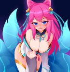  ahri animal_ears ayatori cleavage japanese_clothes kitsune league_of_legends no_bra tail thighhighs 