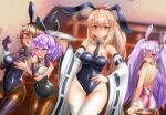  4girls animal_ears ayanami_(azur_lane) azur_lane black_leotard blue_eyes blush bottle bow bowtie breast_grab breasts brown_legwear bunny_ears bunny_tail covered_navel cowboy_shot detached_collar elbow_gloves fake_animal_ears fake_tail gloves grabbing grabbing_from_behind green_eyes groping hairband high_ponytail holding holding_bottle javelin_(azur_lane) laffey_(azur_lane) leotard light_brown_hair medium_hair multiple_girls nantyu-erosada one_eye_closed open_mouth orange_eyes pantyhose platinum_blonde_hair playboy_bunny ponytail purple_hair red_eyes ribbon-trimmed_sleeves ribbon_trim short_hair strapless strapless_leotard tail thighhighs tray twintails white_hair white_legwear wide_ponytail wide_sleeves wrist_cuffs z23_(azur_lane) 