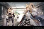  3girls absurdres animal_ear_fluff animal_ears arena arknights armor aunt_and_niece axe bangs black_bow black_footwear black_gloves black_legwear black_skirt blemishine_(arknights) blonde_hair blue_eyes boots bow brown_eyes cape chinese_commentary closed_mouth commentary_request day eyebrows_visible_through_hair gloves hair_bow hair_ornament hand_in_hair hand_on_hip headphones highres holding holding_axe holding_sword holding_weapon jia_redian_ruzi_ruzi kingdom_of_kazimierz_logo letterboxed long_hair looking_at_viewer multiple_girls nearl_(arknights) outdoors siblings sisters skirt sword thighhighs thumbs_up weapon weibo_username whislash_(arknights) white_cape white_hair 