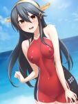  1girl bangs bare_arms bare_shoulders black_hair blue_sky blush bodypaint breasts brown_eyes collarbone commentary_request completely_nude cowboy_shot day dutch_angle eyebrows_visible_through_hair hair_between_eyes hair_ornament hairclip haruna_(kancolle) headgear highres horizon kantai_collection long_hair medium_breasts naked_paint navel nervous_smile nipples nude ocean outdoors pataneet sky solo stomach sun sweat very_long_hair water 
