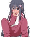  1girl black_hair blue_eyes blush clothed_masturbation flower hair_between_eyes hair_flower hair_ornament hand_in_pants highres jacket long_hair masturbation miruzawa_akechi shirosaki_hana sitting smelling smelling_clothes solo track_jacket watashi_ni_tenshi_ga_maiorita! white_background 