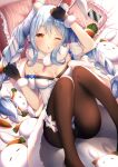  &gt;_&lt; 1girl ;o animal_ear_fluff animal_ears arm_up bangs bare_shoulders bed_sheet black_gloves black_leotard blue_hair blush bow braid breasts brown_legwear bunny_ears carrot_hair_ornament cellphone charger commentary_request detached_sleeves don-chan_(usada_pekora) dress eyebrows_visible_through_hair feet_out_of_frame food-themed_hair_ornament frilled_pillow frills fur-trimmed_gloves fur_trim gloves hair_between_eyes hair_bow hair_ornament half-closed_eye hololive knees_together_feet_apart knees_up leotard lokyin_house long_hair looking_at_viewer multicolored_hair nousagi_(usada_pekora) one_eye_closed parted_lips phone pillow puffy_short_sleeves puffy_sleeves red_eyes short_eyebrows short_sleeves small_breasts strapless strapless_dress strapless_leotard striped thick_eyebrows twin_braids twintails two-tone_hair usada_pekora vertical_stripes very_long_hair virtual_youtuber waking_up white_bow white_dress white_hair 