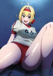  1girl absurdres ahoge bangs blonde_hair blush braid breasts buruma fate/extra fate/grand_order fate_(series) french_braid green_eyes gym_shirt hair_between_eyes hair_bun hair_intakes headband highres knee_up large_breasts long_hair looking_at_viewer name_tag nero_claudius_(fate) nero_claudius_(fate)_(all) olympian_bloomers open_mouth red_buruma red_headband shirt sitting smile solo thighs uma_j 