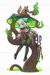  1girl android borrowed_character english_commentary floating green_eyes grey_hair hat highres holding holding_scissors humanoid_robot joints lordyanyu original plant portal_(object) robot_joints roots scissors simple_background solo vines witch_hat 