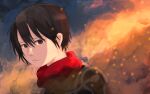  1girl bangs black_eyes black_hair highres looking_at_viewer messy_hair mikasa_ackerman paradis_military_uniform red_scarf sad satoshi_haku scarf self_upload shingeki_no_kyojin short_hair smoke soldier solo war 