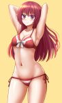  1girl armpits arms_up bangs bare_shoulders bikini blush bow breasts cleavage commentary cowboy_shot eyebrows_visible_through_hair groin highres kanojo_mo_kanojo kazenokaze long_hair looking_at_viewer navel purple_eyes red_bikini red_hair saki_saki_(kanojo_mo_kanojo) side-tie_bikini simple_background small_breasts smile solo standing stomach swimsuit thighs white_bow yellow_background 