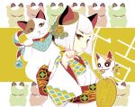  1girl :3 animal_ears bell bob_cut calico cat cat_ears clenched_hand coin collar commentary gold japanese_clothes japanese_mythology jingle_bell kimono koban_(gold) maneki-neko obi original paw_pose sash short_hair upper_body white_hair wide_sleeves yazawan yellow_eyes 