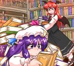  2girls :| ^^^ bangs bat_wings black_skirt black_vest blush_stickers book book_stack bookshelf bow brown_footwear closed_mouth commentary_request crescent crescent_hat_ornament dress_shirt eyebrows_visible_through_hair full_body hair_between_eyes hat hat_bow hat_ornament head_wings holding holding_book koakuma library long_hair long_sleeves looking_at_another lying mob_cap multiple_girls necktie on_stomach patchouli_knowledge purple_eyes purple_hair reading red_eyes red_hair red_neckwear shirt sidelocks skirt skirt_set standing stuck sweatdrop too_many too_many_books touhou vest voile white_legwear white_shirt wings yumemizawazawa 