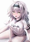  1girl ahoge bangs black_buruma black_headband blush breasts buruma fate/grand_order fate_(series) gym_shirt gym_uniform hair_between_eyes hane_yuki headband highres jeanne_d&#039;arc_(alter)_(fate) jeanne_d&#039;arc_(fate)_(all) large_breasts looking_at_viewer name_tag open_mouth pale_skin revision shirt short_hair short_sleeves silver_hair simple_background sitting socks solo thighs wariza white_background white_legwear white_shirt yellow_eyes 