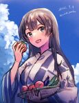  1girl agano_(kancolle) basket black_hair blue_sky cloud commentary_request dated green_eyes japanese_clothes kantai_collection kimono long_hair looking_at_viewer one-hour_drawing_challenge sky smile solo tomato twitter_username upper_body white_kimono wss_(nicoseiga19993411) yukata 