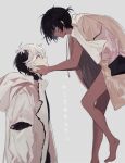  2boys arknights bare_legs barefoot black_hair brown_coat coat commentary_request cowlick dark-skinned_male dark_skin darling_in_the_franxx ear_piercing elysium_(arknights) eye_contact eyebrows_visible_through_hair from_side grey_background grey_eyes highres hooded_coat jewelry looking_at_another male_focus marumarukin multicolored_hair multiple_boys naked_coat necklace orange_eyes parody parted_lips piercing profile short_hair simple_background thorns_(arknights) translation_request two-tone_hair white_coat white_hair yaoi 