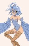  1girl ahoge animal_ears bangs bare_shoulders beige_background bird_legs blue_feathers blue_hair blue_leotard blue_wings breasts bunny_ears commentary covered_navel donquiyume english_commentary eyebrows_visible_through_hair fake_animal_ears feathered_wings feathers hair_between_eyes harpy headband highres leotard monster_girl monster_musume_no_iru_nichijou navel papi_(monster_musume) shadow short_hair simple_background small_breasts smile solo talons winged_arms wings wrist_cuffs yellow_eyes 