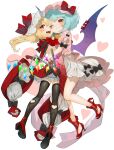  2girls ;) ;d backless_outfit bat_wings black_bow black_legwear blonde_hair bloomers blue_hair bow clothing_cutout dress fang flandre_scarlet floral_print full_body gotou_(nekocat) hat hat_bow heart heart_cutout high_heels highres hug long_hair looking_at_viewer mob_cap multiple_girls one_eye_closed open_mouth pink_dress pink_headwear puffy_short_sleeves puffy_sleeves red_bow red_dress red_eyes red_footwear remilia_scarlet shoes short_hair short_sleeves siblings signature simple_background sisters smile thighhighs touhou underwear white_background white_headwear wings 