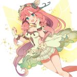  1girl :d bangs blue_eyes blush breasts cleavage clenched_hands dragalia_lost dress eyebrows_visible_through_hair flower hair_flower hair_ornament hair_ribbon highres long_hair looking_at_viewer mukatsukupochi notte_(dragalia_lost) open_mouth pink_hair pleated_dress ribbon smile solo strapless strapless_dress very_long_hair wings 