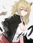  1girl animal_ears arknights asususususu bangs bare_shoulders black_jacket blonde_hair breasts brown_eyes candy choker cleavage commentary_request food food_in_mouth from_side fur-trimmed_jacket fur_trim hair_between_eyes hand_in_pocket highres jacket large_breasts lion_ears lion_tail lollipop long_hair looking_at_viewer looking_to_the_side open_clothes open_jacket red_shorts shorts siege_(arknights) sketch solo tail tank_top upper_body 