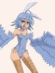  1girl ahoge animal_ears bangs bare_shoulders beige_background bird_legs blue_feathers blue_hair blue_leotard blue_wings breasts bunny_ears commentary covered_navel donquiyume english_commentary eyebrows_visible_through_hair fake_animal_ears feathered_wings feathers hair_between_eyes harpy headband highres leotard monster_girl monster_musume_no_iru_nichijou navel open_mouth papi_(monster_musume) shadow short_hair simple_background small_breasts smile solo talons winged_arms wings wrist_cuffs yellow_eyes 