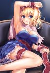  1girl adapted_costume alice_margatroid arm_over_head arm_support arm_up armpits bangs blonde_hair blue_background blue_dress blush breasts capelet cleavage couch dress embarrassed eyebrows_visible_through_hair feet_out_of_frame frilled_dress frilled_hairband frilled_ribbon frills hairband holding holding_clothes kerotsupii_deisuku large_breasts looking_away looking_to_the_side lying medium_hair nervous on_couch on_side open_mouth red_ribbon ribbon sash short_dress sideboob simple_background solo tears thigh_strap touhou white_neckwear wrist_cuffs 