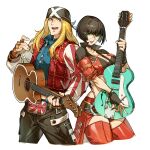  1boy 1girl acoustic_guitar axl_low back-to-back bandana bangs belt_buckle between_breasts black_choker black_gloves black_hair black_pants blonde_hair blue_eyes blunt_bangs bob_cut boots breasts brown_gloves buckle choker cleavage cropped_legs electric_guitar fingerless_gloves glasses gloves green_eyes guilty_gear guilty_gear_strive guitar highres holding holding_instrument i-no instrument jacket large_breasts letterman_jacket long_hair looking_at_viewer midriff mole mole_above_mouth music no_hat no_headwear pants pink_lips plaid_jacket playing_instrument popped_collar red_footwear red_jacket rimless_eyewear short_shorts shorts showgirl_skirt strap_between_breasts thigh_boots thighhighs uncle_rabbit_ii union_jack white_background 