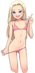  1girl absurdres bare_shoulders bikini bikini_pull blonde_hair blue_eyes blush borrowed_character clothes_pull commentary cropped_legs flat_chest highres index_finger_raised long_hair looking_at_viewer navel open_mouth original pink_bikini pulled_by_self sasha_(haguhagu) simple_background smile solo swimsuit white_background yeun 