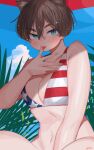  1girl american_flag american_flag_bikini animal_ears bikini blue_eyes blush breasts brown_hair cat_ears cleavage closed_mouth fingernails flag_print hair_between_eyes hand_up highres large_breasts long_fingernails looking_at_viewer navel original ryusei_hashida signature sitting slit_pupils solo swimsuit tongue tongue_out 