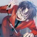  :d black_neckwear blue_eyes character_request copyright_request glasses indoors kitahushi leaning_forward open_mouth red_suit scalpel short_hair smile 