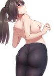  1girl absurdres akizuki_(kancolle) ass back black_hair black_pants blue_eyes blush breasts closed_mouth commentary_request cowboy_shot eyebrows_visible_through_hair from_behind highres kantai_collection kiritto long_hair looking_at_viewer looking_back medium_breasts motion_lines nipples pants ponytail purple_eyes solo spoken_blush sweat thighs topless yoga_pants 
