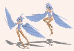  1girl ahoge animal_ears bangs bare_shoulders beige_background bird_legs blue_feathers blue_hair blue_leotard blue_wings breasts bunny_ears commentary covered_navel donquiyume english_commentary eyebrows_visible_through_hair fake_animal_ears feathered_wings feathers hair_between_eyes harpy headband highres leotard monster_girl monster_musume_no_iru_nichijou navel open_mouth papi_(monster_musume) shadow short_hair simple_background small_breasts smile talons winged_arms wings wrist_cuffs yellow_eyes 
