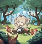 1girl artist_request barbara_(genshin_impact) bird blonde_hair chibi closed_eyes drill_hair fox genshin_impact long_sleeves music musical_note official_art open_mouth singing smile solo squirrel star_(symbol) tree twin_drills twintails 