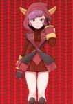  1girl arm_at_side bangs boots breasts brown_dress closed_mouth commentary_request courtney_(pokemon) dress eyelashes fake_horns gloves hand_up hood hood_up horns knees looking_at_viewer pokemon pokemon_(game) pokemon_oras purple_eyes purple_hair red_footwear red_gloves ribbed_dress ryuntack short_dress short_hair solo sweater sweater_dress team_magma team_magma_uniform 