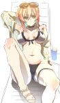  1girl bikini breasts closed_mouth collarbone e_sky_rugo eyebrows_visible_through_hair eyewear_on_head girls&#039;_frontline green_eyes hand_on_back hand_on_head highres long_hair looking_at_viewer lying medium_breasts on_back orange_hair r93_(girls&#039;_frontline) sandals simple_background solo swimsuit white_bikini white_swimsuit 