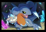  black_sclera carbink claws colored_sclera crystal gabite gen_4_pokemon gen_6_pokemon hata4564 highres no_humans open_mouth pokemon pokemon_(creature) sharp_teeth spikes standing teeth tongue yellow_eyes 