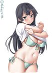  1girl agano_(kancolle) bikini black_hair blush breasts cleavage clothes_lift cowboy_shot ebifurya front-tie_bikini front-tie_top green_bikini green_eyes highres kantai_collection large_breasts long_hair looking_at_viewer navel open_mouth shirt shirt_lift side-tie_bikini simple_background solo stomach swimsuit twitter_username white_background white_shirt 