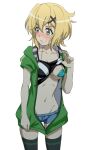  1girl akatsuki_kirika bikini bikini_top blonde_hair blush breasts clothes_lift denim denim_shorts fujikawa_daichi green_bikini green_eyes green_hoodie hair_ornament hood hoodie medium_breasts navel open_clothes open_hoodie senki_zesshou_symphogear shiny shiny_hair shiny_skin shirt_lift short_hair shorts simple_background solo standing swimsuit white_background x_hair_ornament 