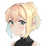  1girl absurdres bangs black_shirt blonde_hair blush closed_mouth commentary_request eyebrows_visible_through_hair green_eyes hair_between_eyes half_updo highres looking_at_viewer mizuhashi_parsee pointy_ears portrait radioneet shirt short_hair short_ponytail simple_background sleeveless sleeveless_shirt solo touhou white_background 