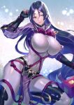  1girl armor bangs black_gloves bodysuit breasts elbow_gloves fate/grand_order fate_(series) fingerless_gloves furikawa_arika gloves highres japanese_armor kote large_breasts long_hair looking_at_viewer minamoto_no_raikou_(fate) parted_bangs pelvic_curtain purple_bodysuit purple_eyes purple_hair ribbed_sleeves rope tassel very_long_hair 